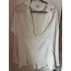 Sabo Skirt Women's White Cotton Gauze Romper Size Large Long Sleeve Collared